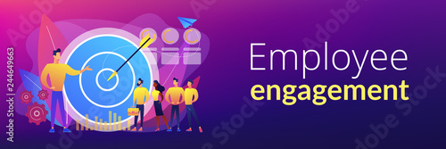 Big target, manager and employees engaged in company goals. Internal marketing, company goals promotion, employee engagement concept. Header or footer banner template with copy space.