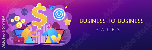 B2B sales person selling products and services to buyer in laptop. Business-to-business sales, B2B sales method, wholesale business trend concept. Header or footer banner template with copy space.