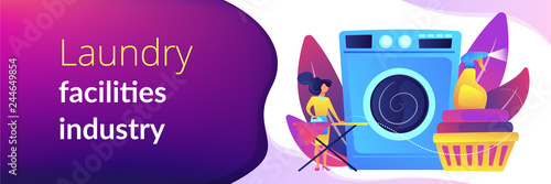 Laundry service worker ironing, washing machine. Dry cleaning and laundering, laundry facilities industry, cleaning and restoration services concept. Header or footer banner template with copy space.