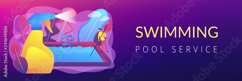 Swimming pool service worker with net cleaning water. Pool and outdoor cleaning, swimming pool service, outdoor cleaning company concept. Header or footer banner template with copy space.