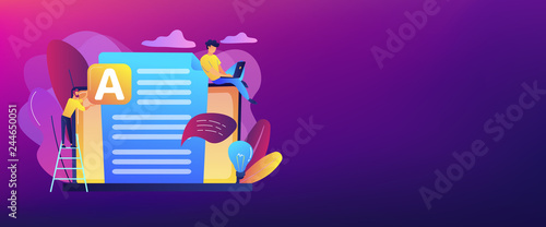 Copywriter at huge laptop writting creative advertising text. Copywriting job, home based copywriter, freelance copywriting concept. Header or footer banner template with copy space.