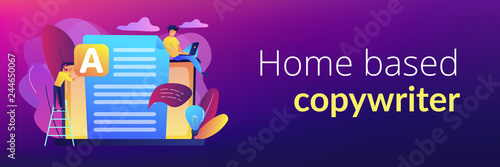 Copywriter at huge laptop writting creative advertising text. Copywriting job, home based copywriter, freelance copywriting concept. Header or footer banner template with copy space.