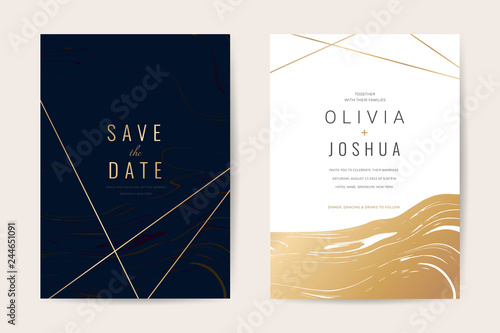 Luxury wedding invitation cards with gold marble texture and geometric pattern minimal style vector design template