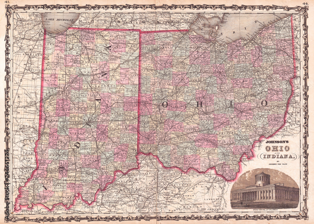 Naklejka premium 1862, Johnson Map of Ohio and Indiana