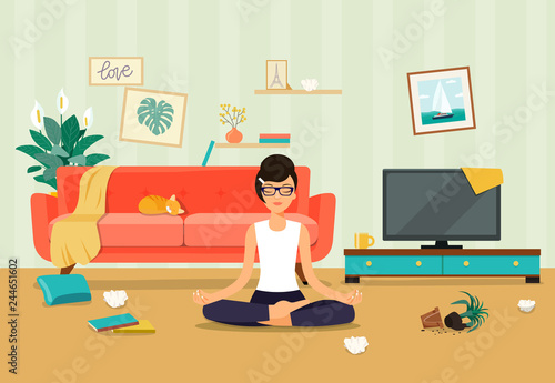 Messy living room interior.  Young woman in yoga pose, lotus position.  Flat style vector illustration