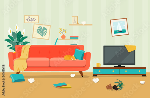 Messy living room interior. Furniture: sofa, bookcase, tv, lamps. Flat style vector illustration