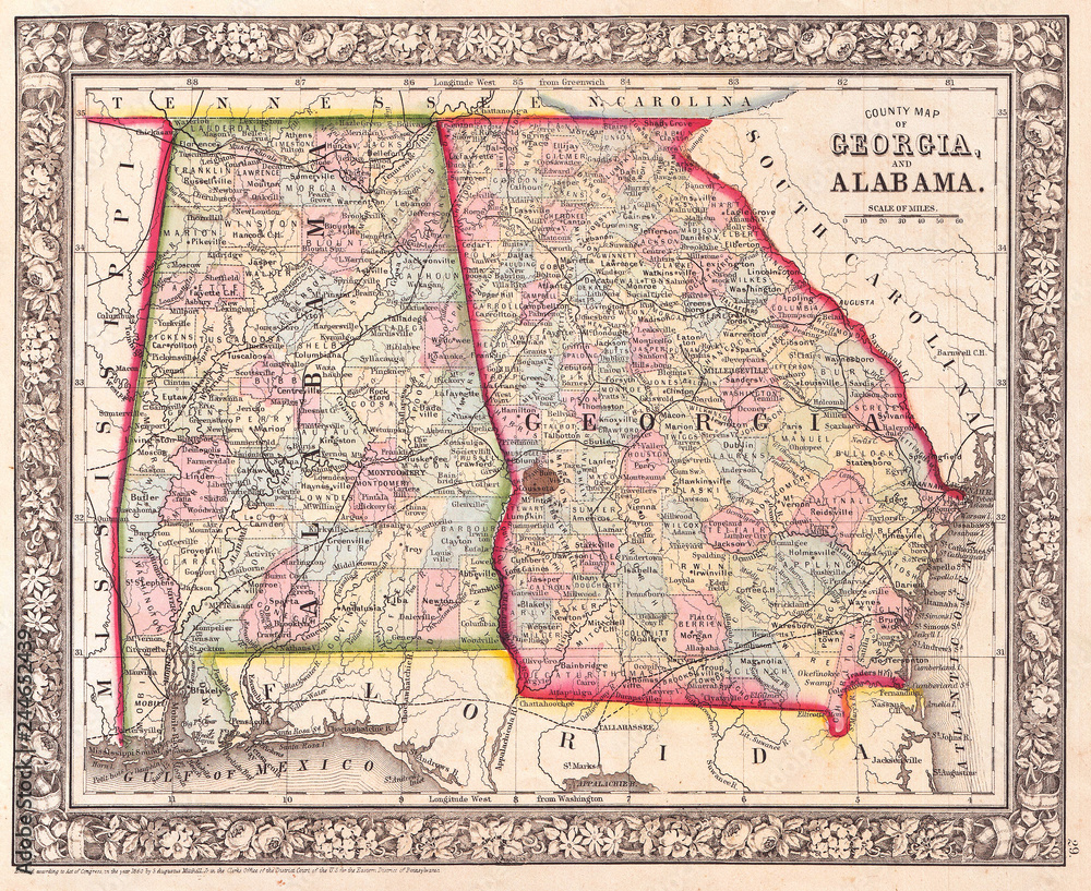 1864, Mitchell Map of Georgia and Alabama