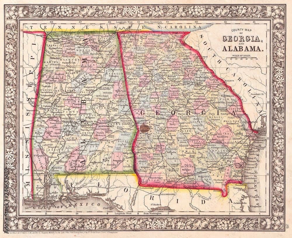Naklejka premium 1864, Mitchell Map of Georgia and Alabama