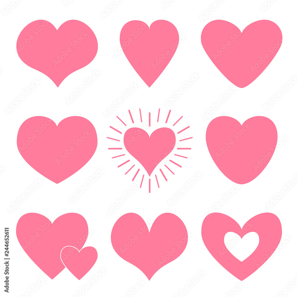 Pink heart icon set. Happy Valentines day shining sign symbol simple template. Cute graphic object. Flat design style. Love greeting card. Isolated. White background.