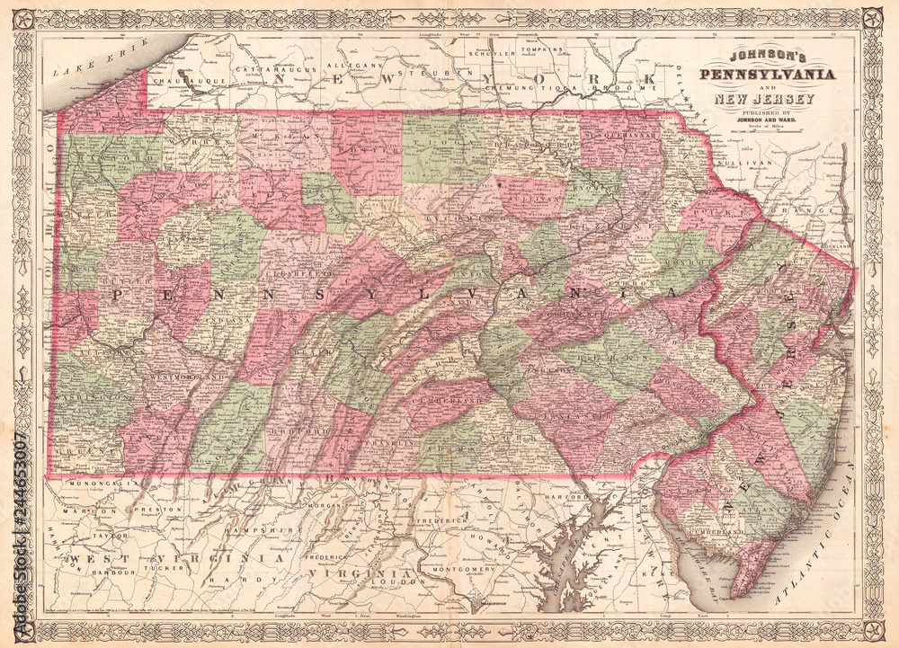 Fototapeta premium 1866, Johnson Map of Pennsylvania and New Jersey