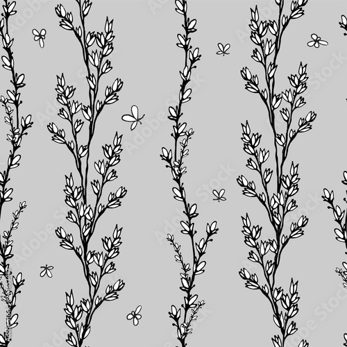 Vector seamless black and white pattern with wild herbs
