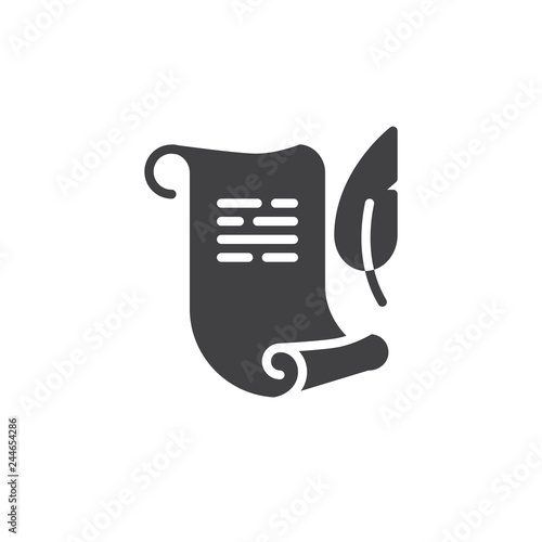 Paper scroll with feather pen vector icon. filled flat sign for mobile concept and web design. Ancient parchment paper and a quill simple solid icon. Symbol, logo illustration. Pixel perfect vector 