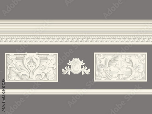 Cream classic relief and cornice set isolated, architectural elements set