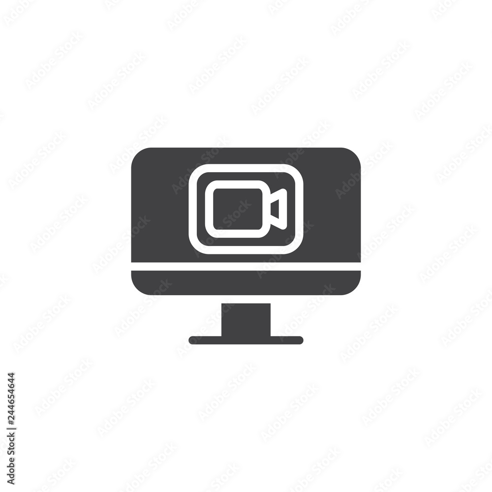 Video call screen vector icon. filled flat sign for mobile concept and web design. Pc monitor with camera simple solid icon. Symbol, logo illustration. Pixel perfect vector graphics Video call screen vector icon. filled flat sign for mobile concept and web design. Pc monitor with camera simple solid icon. Symbol, logo illustration. Pixel perfect vector graphics