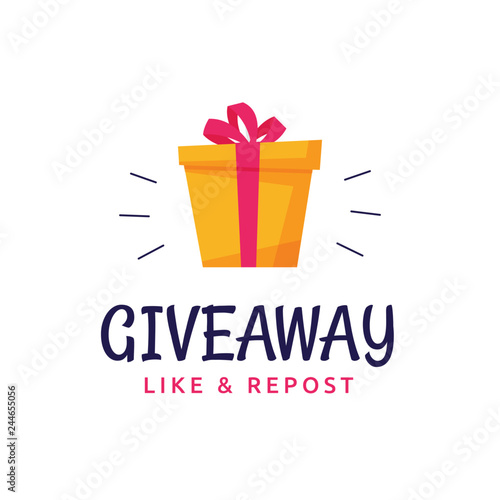 Giveaway logo template design for social media post or website banner. Gift box icon vector illustration with modern typography text style.