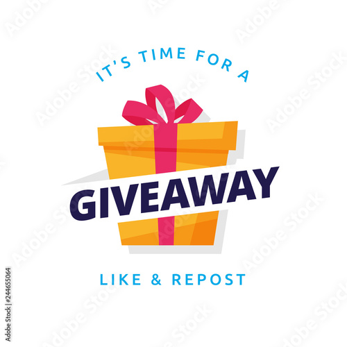 Giveaway logo template design for social media post or website banner. Gift box icon vector illustration with modern typography text style.