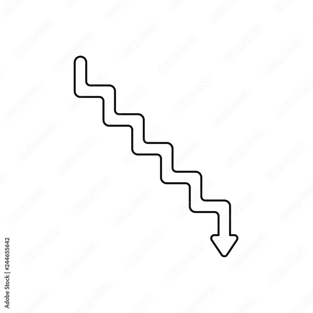 Flat design style vector concept of line stairs symbol icon with arrow pointing down on white. Black outlines.