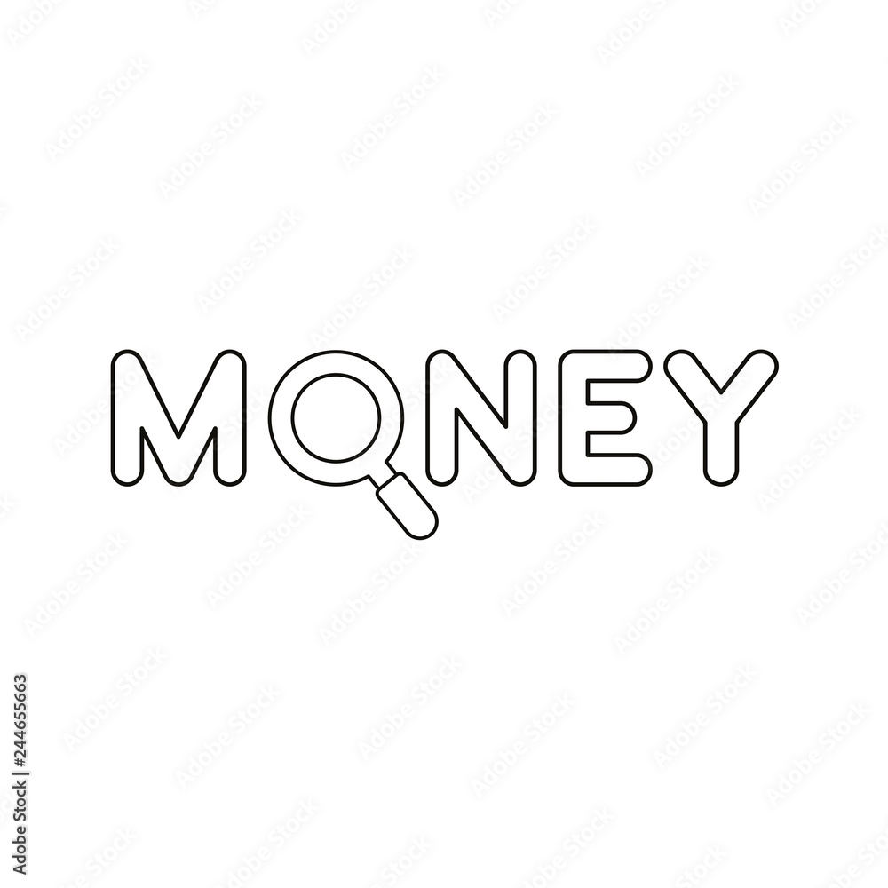 Flat design style vector concept of money text with magnifying glass or magnifier icon on white. Black outlines. Flat design style vector concept of money text with magnifying glass or magnifier icon on white. Black outlines.