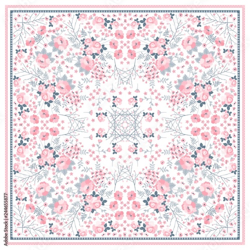 Beautiful square pattern for shawl with tender pink flowers on white background. Vector illustration.