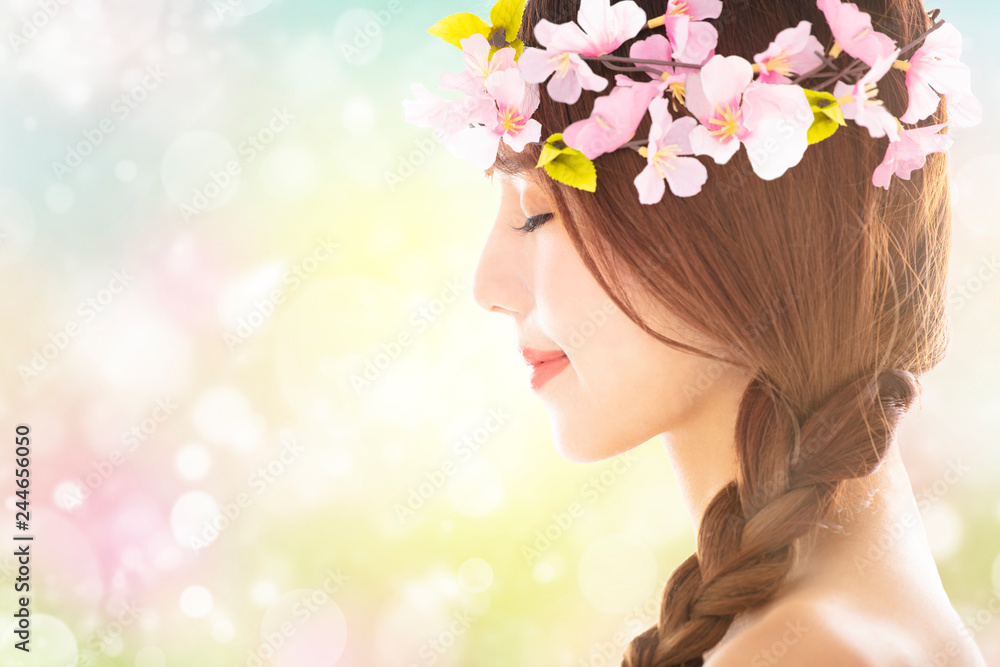 side view young beauty face with spring background