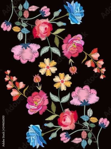Beautiful card with embroidered bouquets of garden flowers. Colorful embroidery composition.