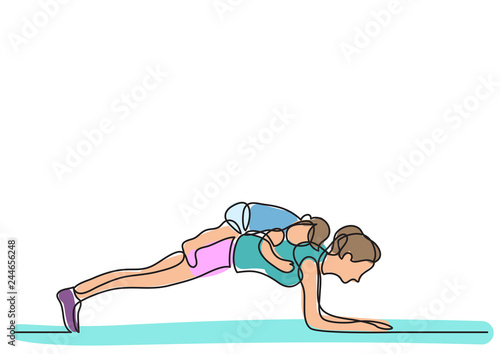 one line drawing of mom doing pushups with her baby on her back