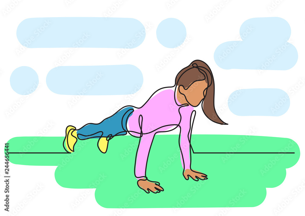 one line drawing of woman doing pushups