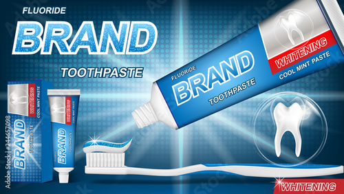 Mint toothpaste concept with sparkling effect on blue background. product package design for toothpaste poster or advertising. 3d Vector illustration.
