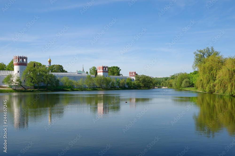 Spring view of Novodevichy convent and Big Novodevichy pond in Moscow, Russia