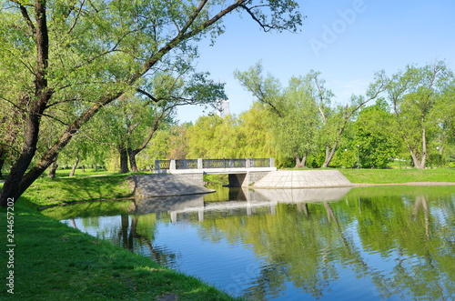 Bridge over the pond at Novodevichy convent on a Sunny spring day, Moscow, Russia