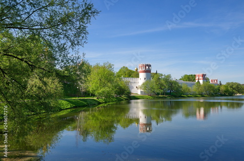 Novodevichy convent and Big Novodevichy pond on a Sunny spring day. Moscow, Russia