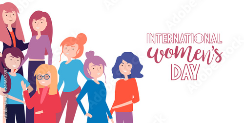 International women's day. Illustration with different girls. Editable vector illustration