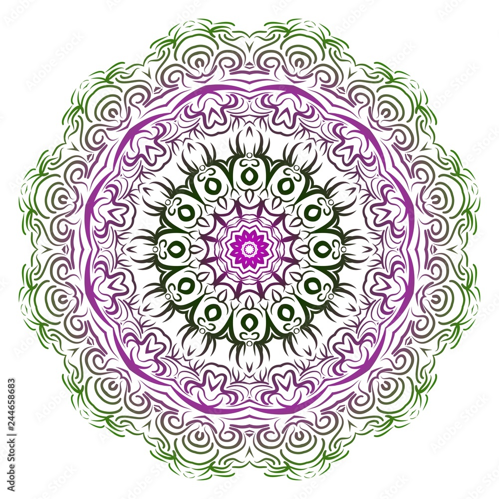 Ornamental arabic pattern with mandala. Vector illustration. Tribal ethnic fashion design. Purple, green color Ornamental arabic pattern with mandala. Vector illustration. Tribal ethnic fashion design. Purple, green color