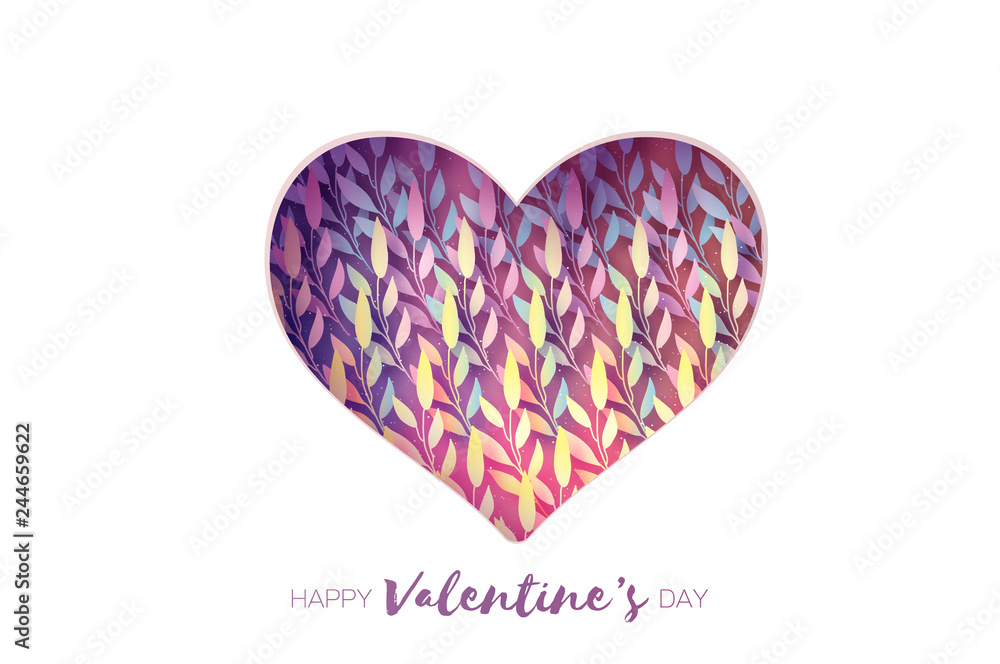 Heart frame. Valentines day Greetings card. Realistic Paper cut white flowers and leaves. Colorful Floral bouquet. Heart frame. Valentines day Greetings card. Realistic Paper cut white flowers and leaves. Colorful Floral bouquet.