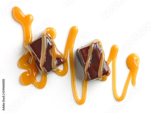 chocolate candies and caramel sauce