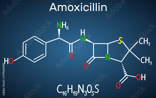 Amoxicillin drug molecule. It is beta-lactam antibiotic. Structural chemical formula on the dark blue background