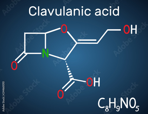Clavulanic acid β-lactam drug molecule. Structural chemical formula on the dark blue background
