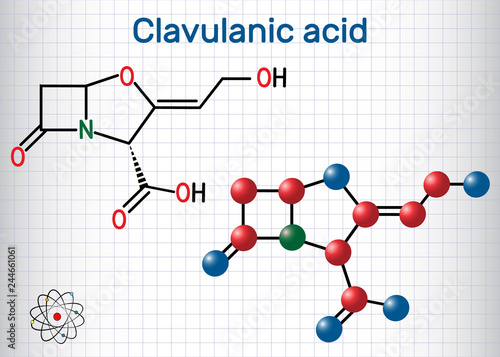 Clavulanic acid β-lactam drug molecule. Structural chemical formula and molecule model. Sheet of paper in a cage
