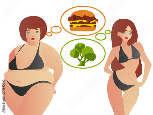 Two beautiful young woman dream about food. Choice between hamburger and vegetables. Healthy lifestyle and bad habits, a healthy diet and daily routine.