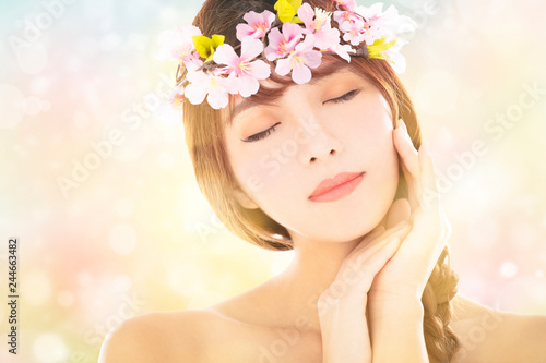 closeup young beauty face with spring background