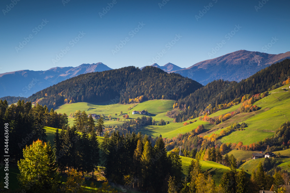 Autumn colors in Funes Valley, Bolzano province, South Tyrol, Italy