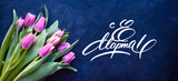 8 March Women's Day greeting card with tulips spring flowers and inscription in russian 