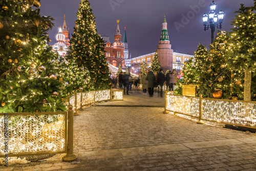 Festive New Year Illumination on the Manezhnaya square near Red square and Kremlin, Moscow, Russia.