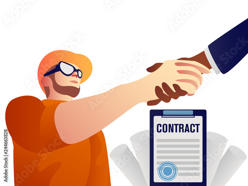 Handshake of business partners. Vector flat style illustration isolated repairman worker and businessman came to an agreement and completed the deal with a handshake.