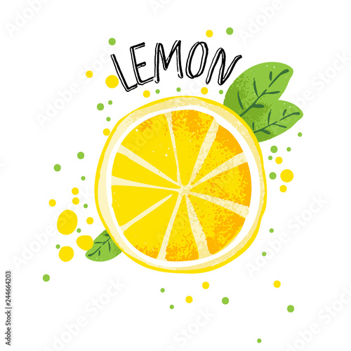 Vector hand draw lemon illustration. Half and slice of lemons with juice splashes isolated on white background. Textured yellow citrus sketch, juice citrus fruit with word Lemon on top. Fresh ripe