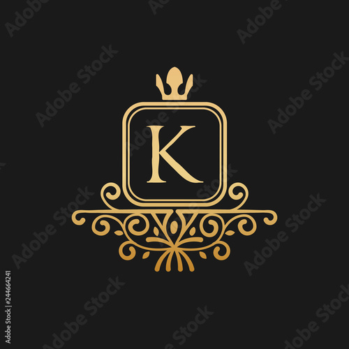 The king with crown logo inspiration, letter k luxury design template in gold metallic
