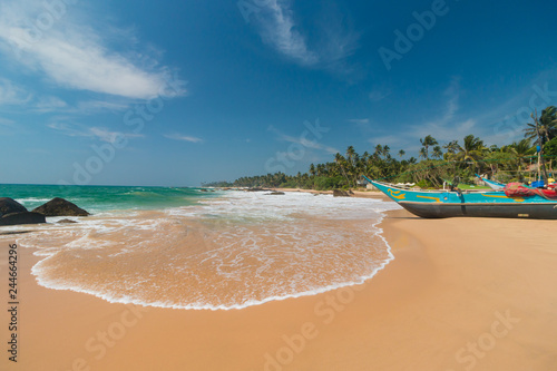 Untouched tropical beach with palms and fishing boats in Sri-Lanka.  Fishing boats stand in Ambalangoda small harbor. Boats on a Tropical Beach photo