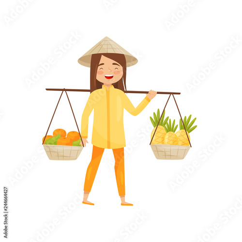 Young Vietnamese girl carrying baskets with fruits on pole. Woman in conical hat. Flat vector design