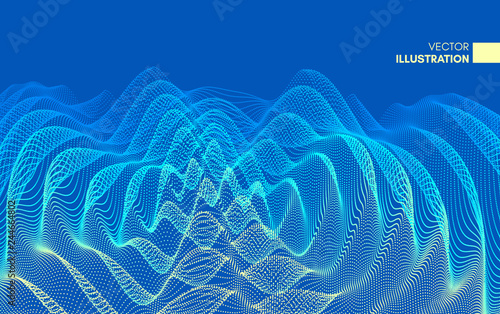 3D wavy background with ripple effect. Vector illustration with particle. 3D grid surface.
