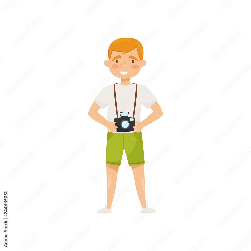 Young smiling man with camera. Cartoon character of tourist. Travel to Vietnam, Asia. Flat vector design